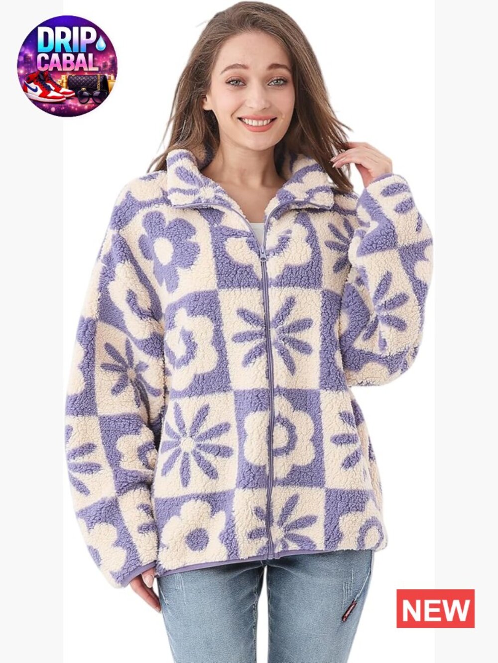 Women's Floral Print Sherpa Fleece Zip Up Cropped Jacket Coat